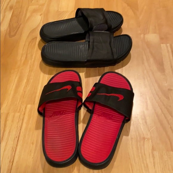 nike slides black red